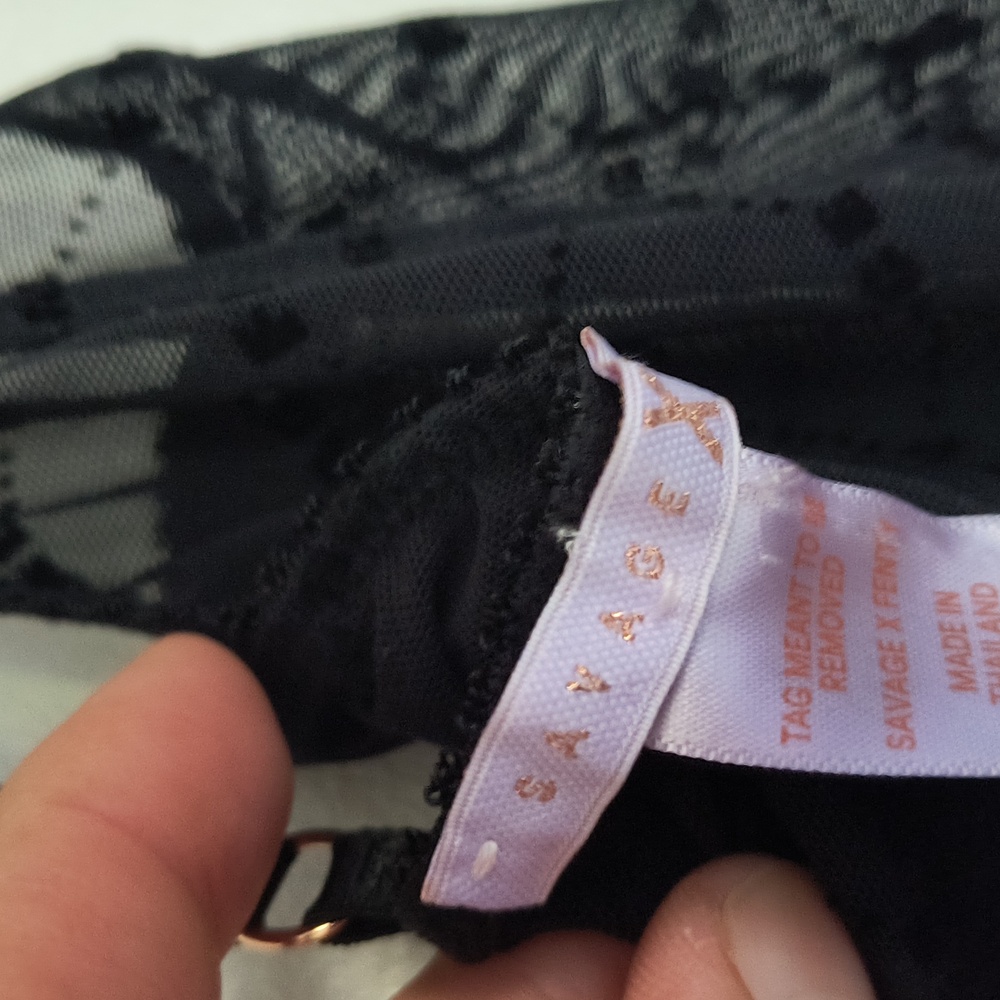 Savage X Fenty Flocked Logo Teddy Sheer Black Bodysuit Teddy Sz Med Women - Picture 3 of 12